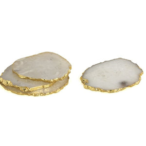 Set Of 4 Agate Coasters, White/Gold